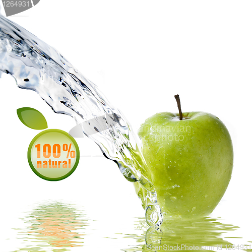 Image of fresh water splash on green apple isolated on white