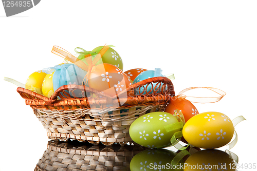 Image of color easter eggs in basket isolated on white. top view