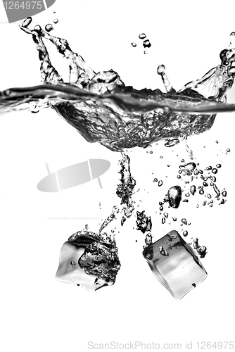 Image of ice cubes dropped into water with splash isolated on white