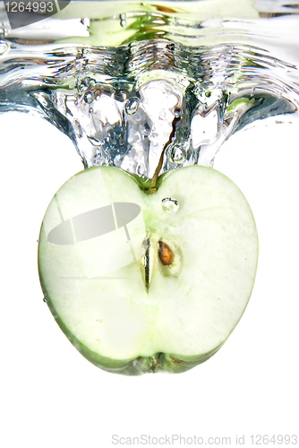 Image of green apple dropped into natural water with splash isolated on w