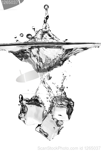 Image of ice cubes dropped into water with splash isolated on white