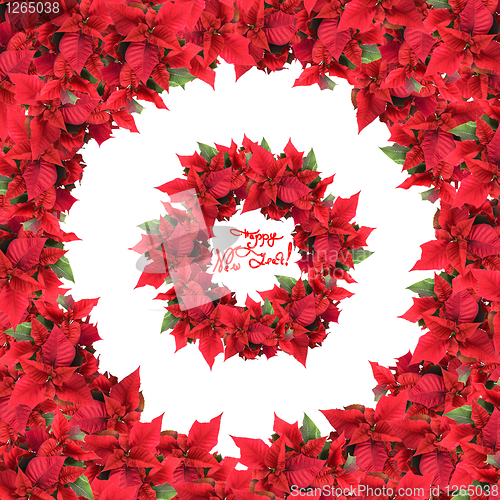 Image of round frame with wreath from christmas flowers isolated on white