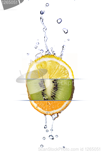 Image of mix from lemon, orange and kiwi with fresh water drops isolated 