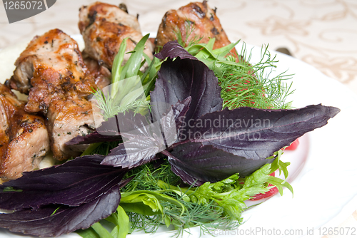 Image of fried meat with potherbs on the plate