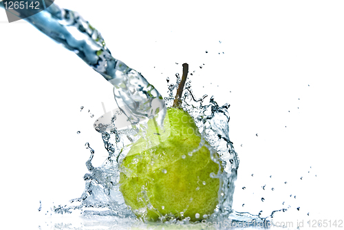 Image of fresh water splash on green pear isolated on white