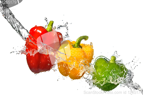 Image of red, yellow and green pepper with water splash isolated on white