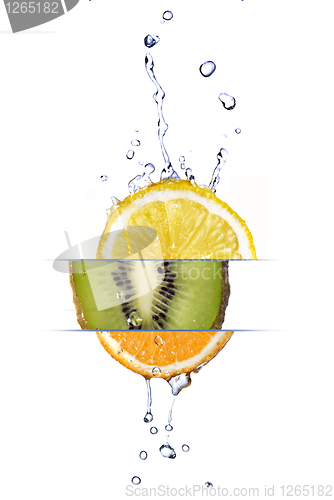 Image of mix from lemon, orange and kiwi with fresh water drops isolated 