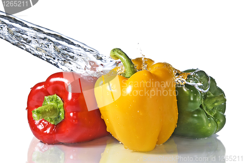 Image of red, yellow and green pepper with water splash isolated on white