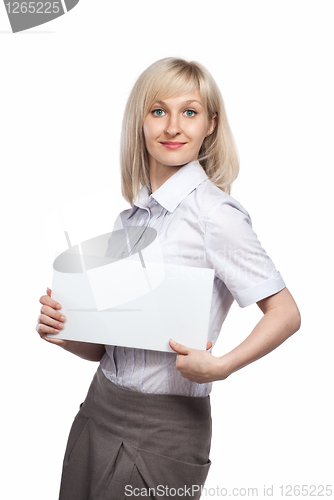 Image of Attractive smiling woman holding white empty paper isolated on w