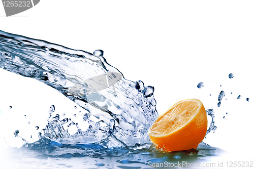 Image of fresh water drops on orange isolated on white