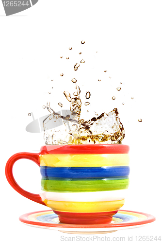 Image of color cup and splash of tea isolated on white