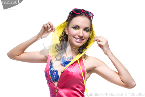 Image of Beautiful young woman in color wear on white