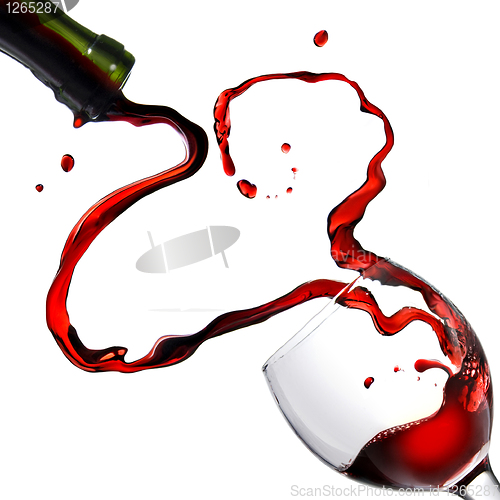 Image of Heart from pouring red wine in goblet isolated on white