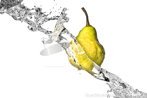 Image of yellow pear with water splash isolated on white