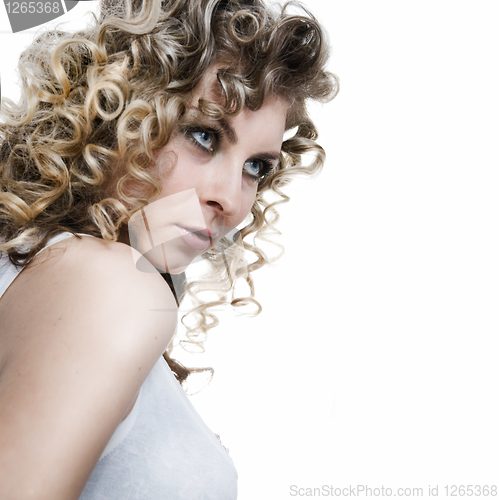 Image of portrait of sexy curly blond on white