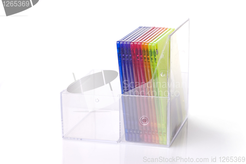 Image of Color floppy disks in box isolated on white