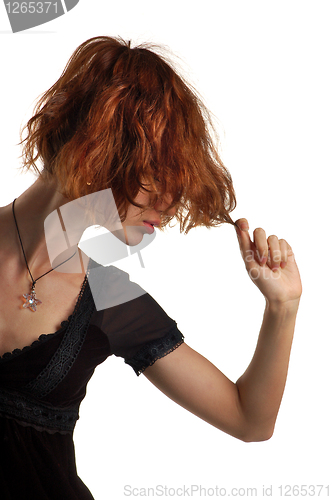 Image of young attractive woman in red and black isolated on white