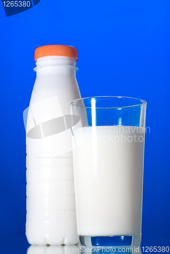 Image of Milk in glass and bottle isolated on blue