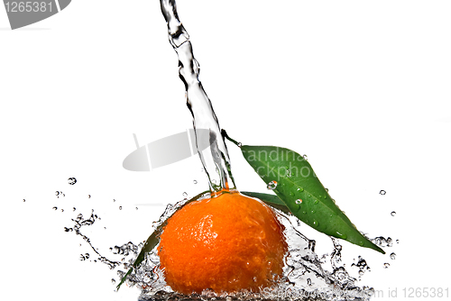 Image of Tangerine with green leaves and water splash isolated on white