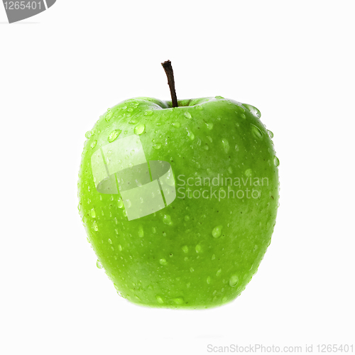Image of green apple with drops of water isolated on white