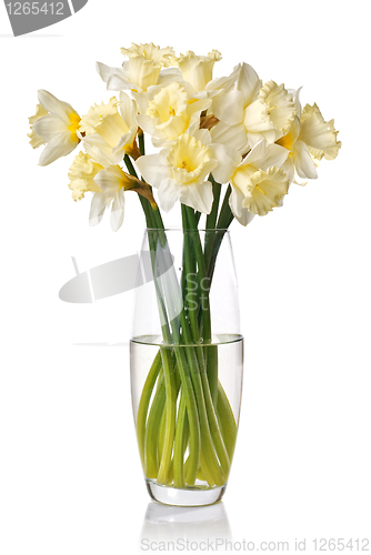 Image of bouquet from white narcissus in vase isolated