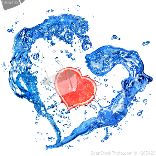 Image of Heart from water splash and grapefruit isolated on white