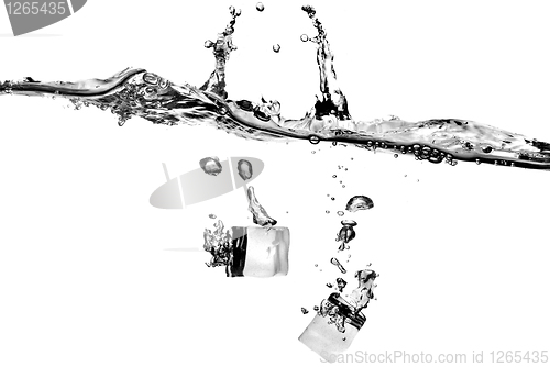 Image of ice cubes dropped into water with splash isolated on white