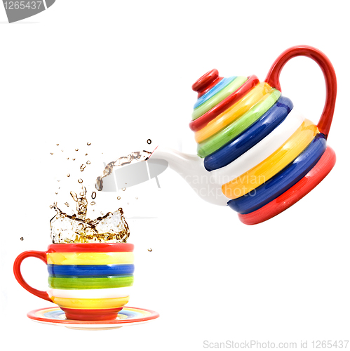 Image of color teapot with cup and splash of tea isolated on white