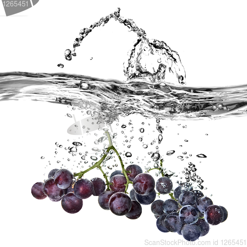 Image of blue grape dropped into water with splash isolated on white