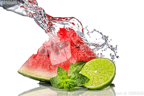 Image of watermelon, lime, mint and water splash isolated on white