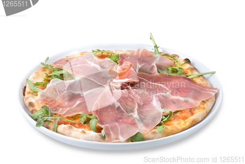 Image of italian pizza with ham isolated on white