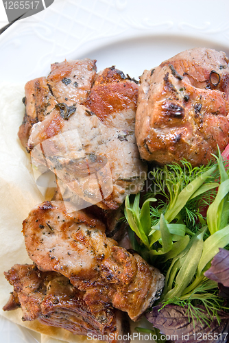 Image of fried meat with potherbs on the plate