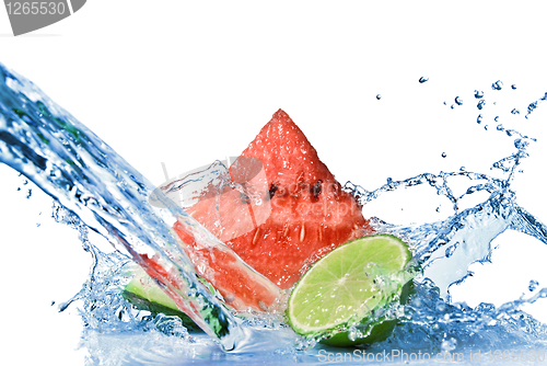 Image of  watermelon, lime and water splash isolated on white