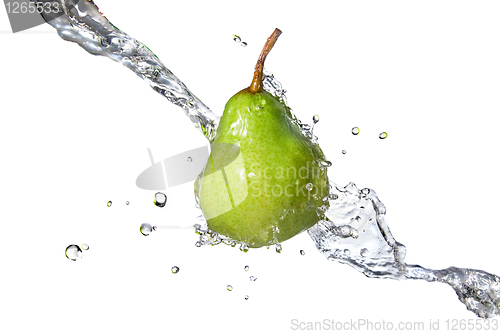 Image of green pear with water splash isolated on white