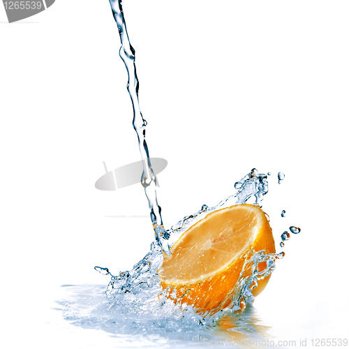 Image of fresh water drops on orange isolated on white
