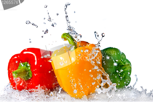 Image of red, yellow and green pepper with water splash isolated on white