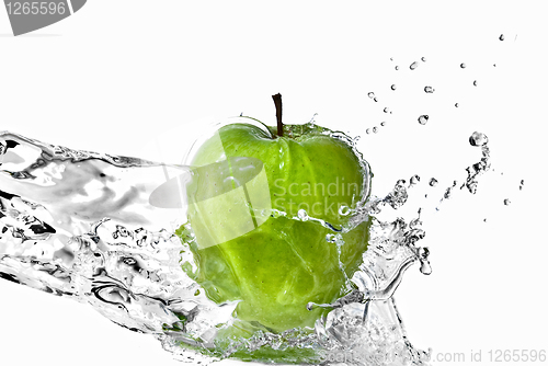 Image of fresh water splash on green apple isolated on white