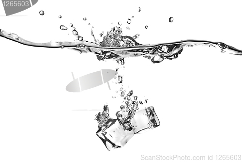 Image of ice cubes dropped into water with splash isolated on white