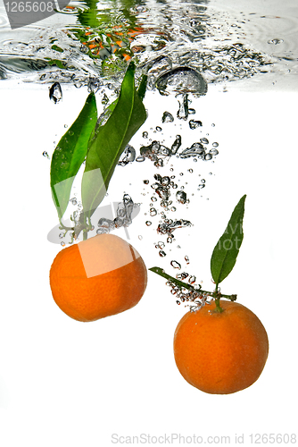 Image of tangerine dropped into water with bubbles on white