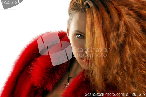 Image of young attractive woman in red and black isolated on white