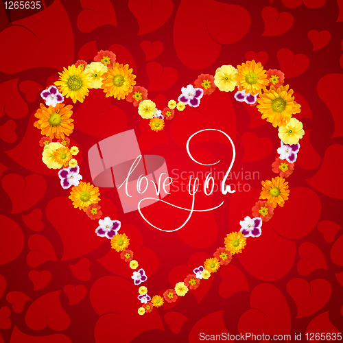 Image of I love you. Card for Valentines day with heart from flowers