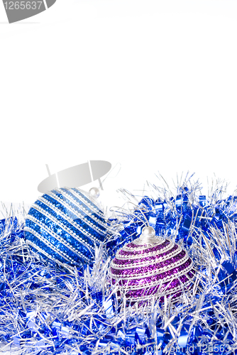 Image of pink and blue christmas balls with decoration isolated on white
