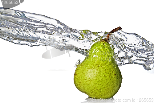 Image of fresh water splash on green pear isolated on white