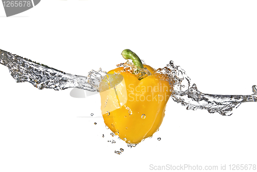 Image of fresh water splash on yellow sweet pepper isolated on white
