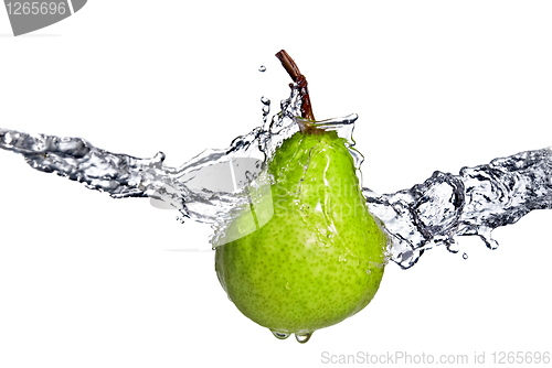 Image of fresh water splash on green pear isolated on white