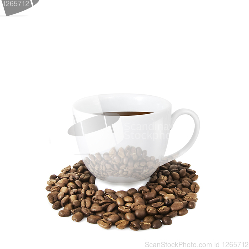 Image of Coffee cup with coffee beans isolated on white