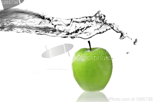 Image of fresh water splash on green apple isolated on white