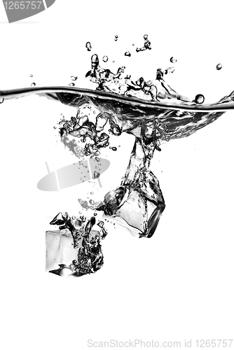 Image of ice cubes dropped into water with splash isolated on white