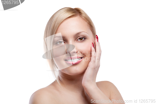 Image of portrait of smiling woman isolated on white