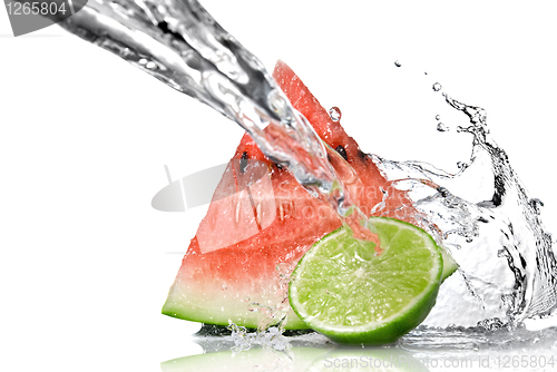 Image of watermelon, lime and water splash isolated on white